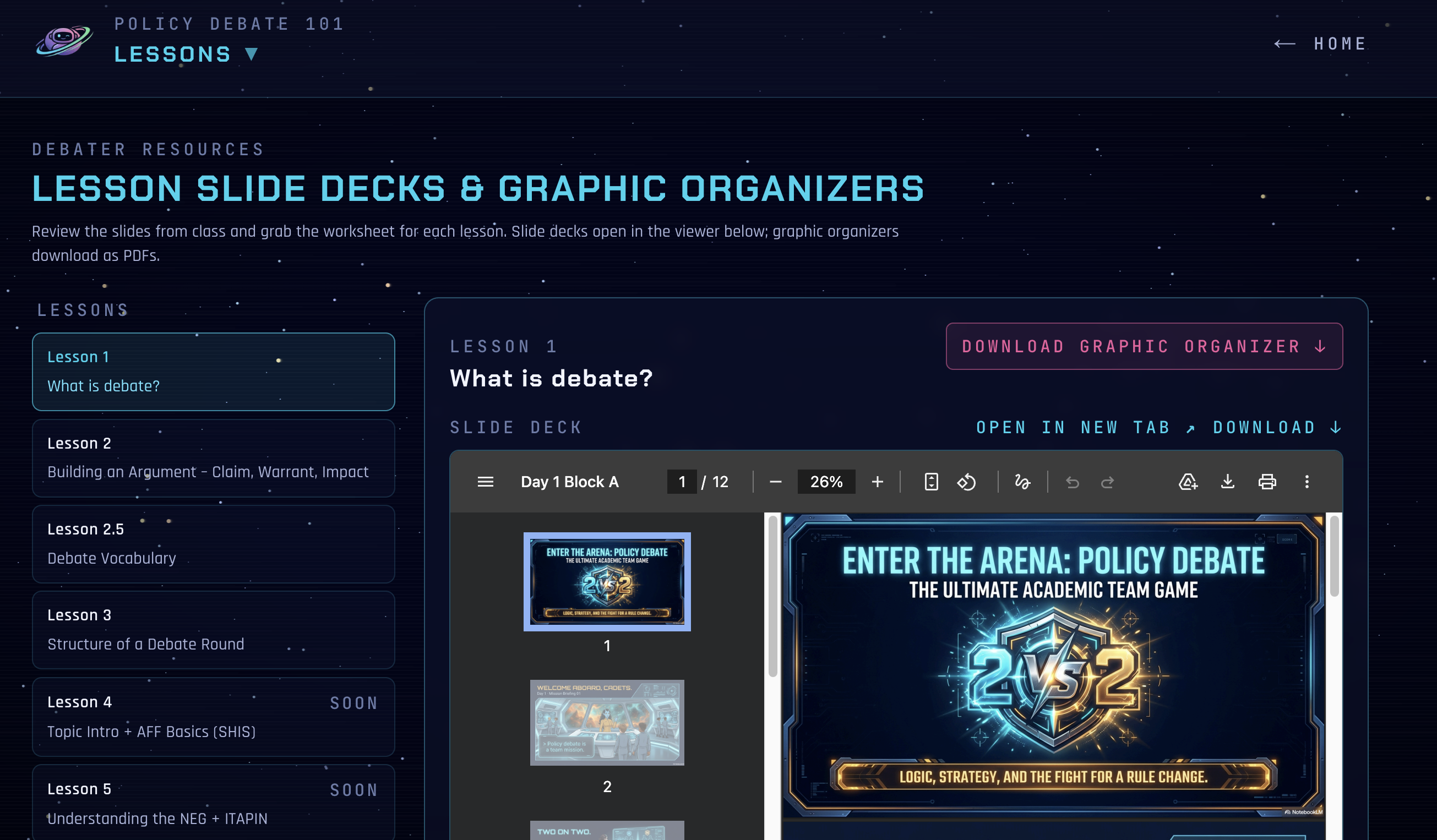 policydebate101.com Lesson resource view: sidebar list of lesson slide decks, embedded slide viewer, and a magenta download graphic organizer button.