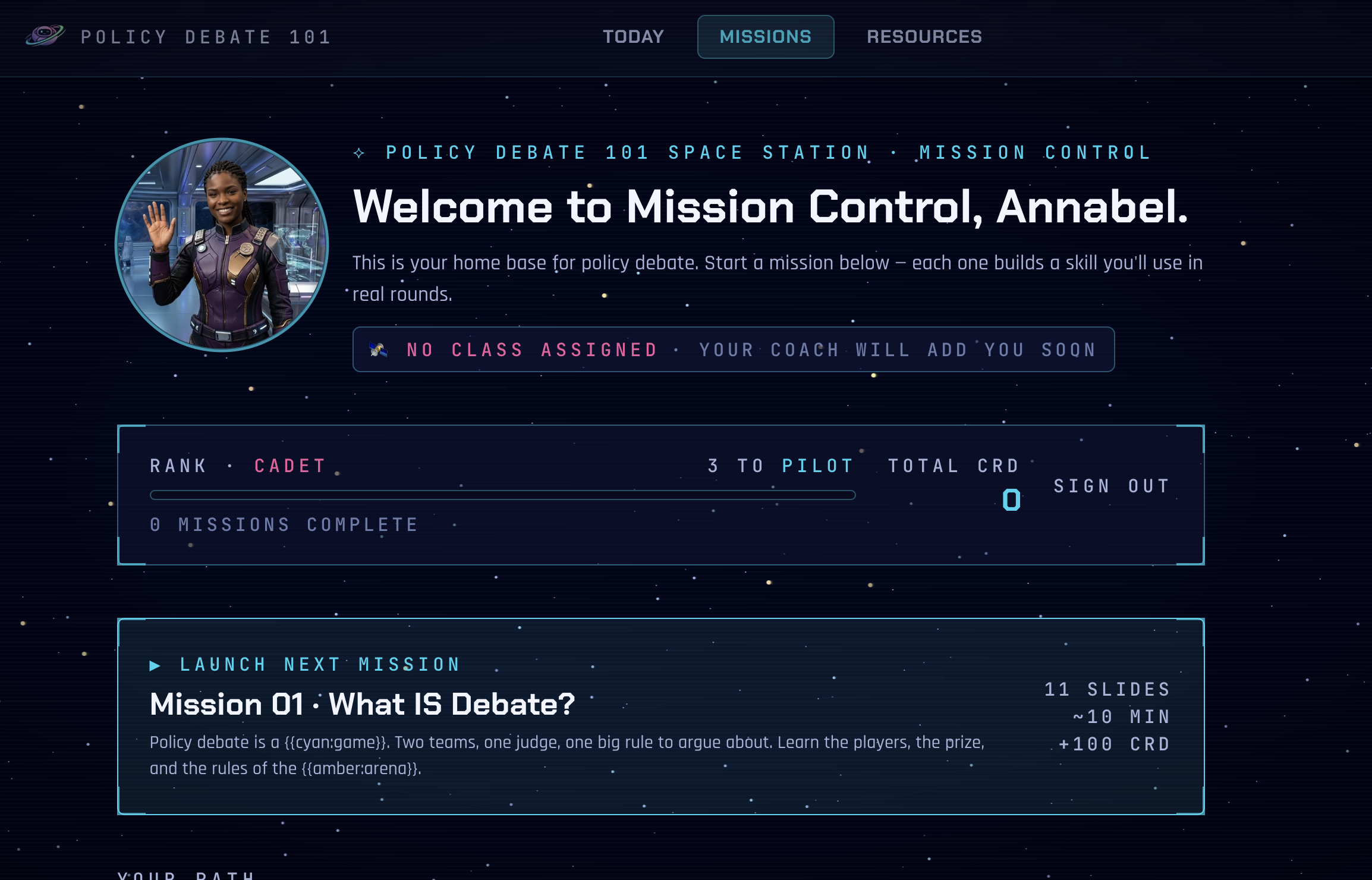 policydebate101.com Mission Control screen: Support Commander avatar, welcome message, Cadet rank, and the first launchable mission.