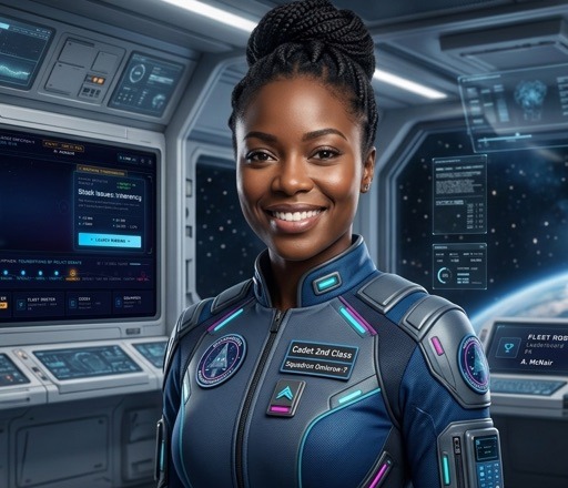 Pilot Vega, a Math Missions character: a young cadet in a dark blue flight uniform with cyan and magenta accents, standing on the bridge of a spacecraft with control panels and a viewport showing a planet in the distance.