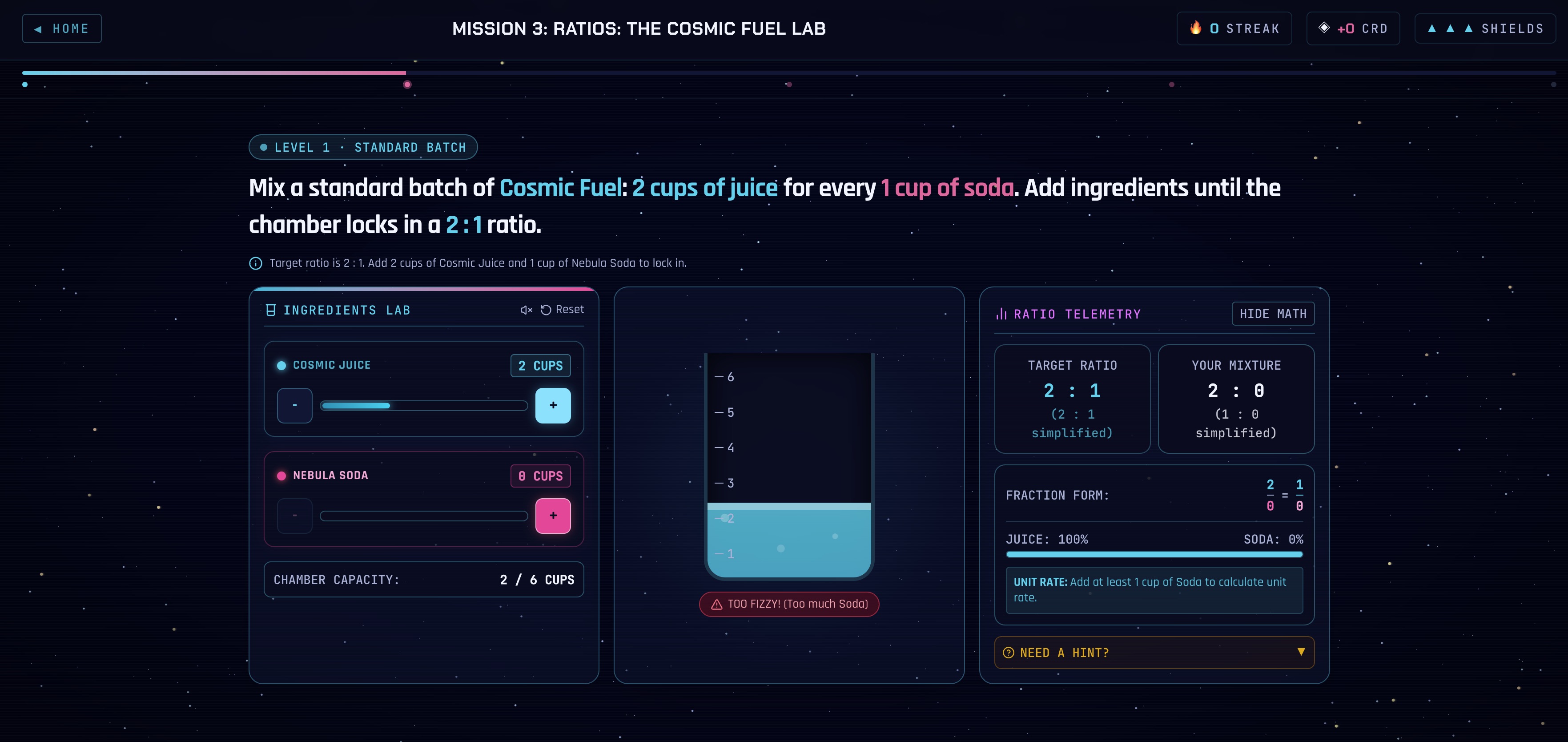 Math Missions screenshot: 'Mission 3: Ratios: The Cosmic Fuel Lab' showing an Ingredients Lab with cup sliders, a central beaker showing a 'Too fizzy' error state, and a Ratio Telemetry panel comparing a target 2:1 ratio to the current mixture.